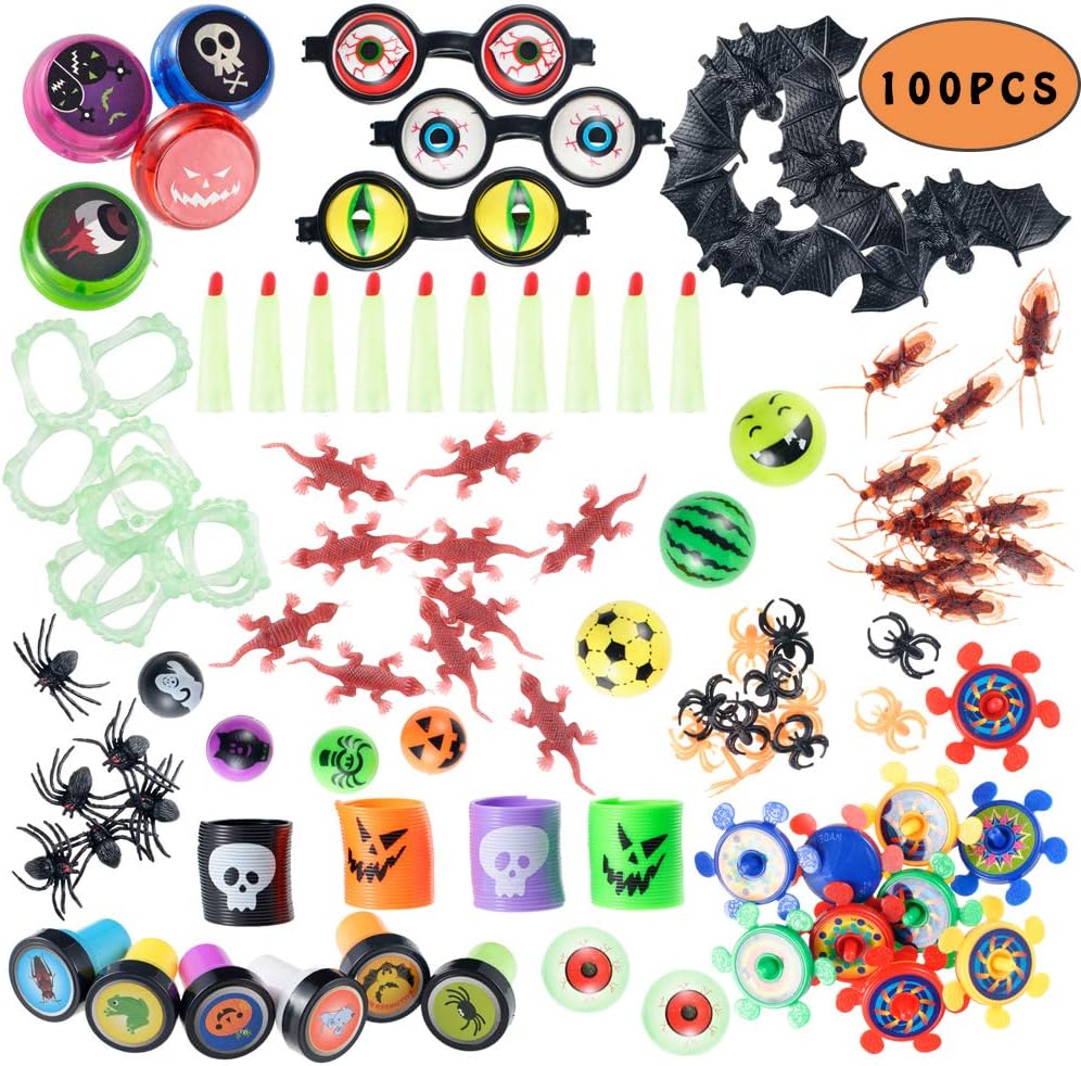 XADP 100 PCS Novelty Halloween Toys Assortment Halloween Party Favors Halloween Trick or Treat Prizes School Classroom Rewards for Kids Bulk Toys Pinata Fillers Carnival Prizes Goody Bags