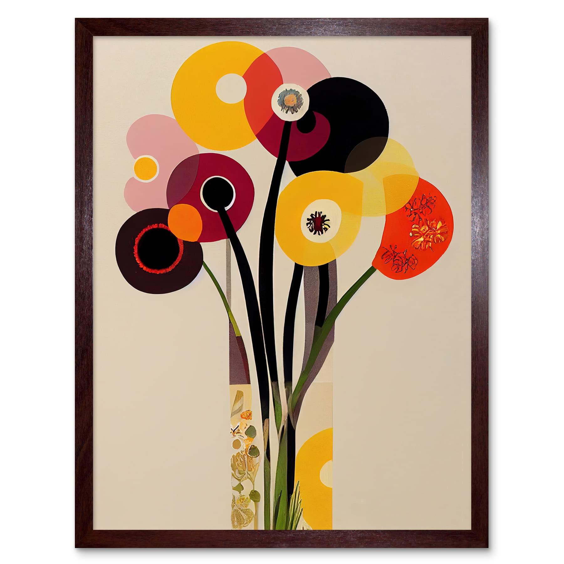 Wee Blue Coo Abstract Retro Spring Summer Flowers Floral Yellow Burgundy Orange Bouquet Vase Art Print Framed Poster Wall Decor 12x16 inch