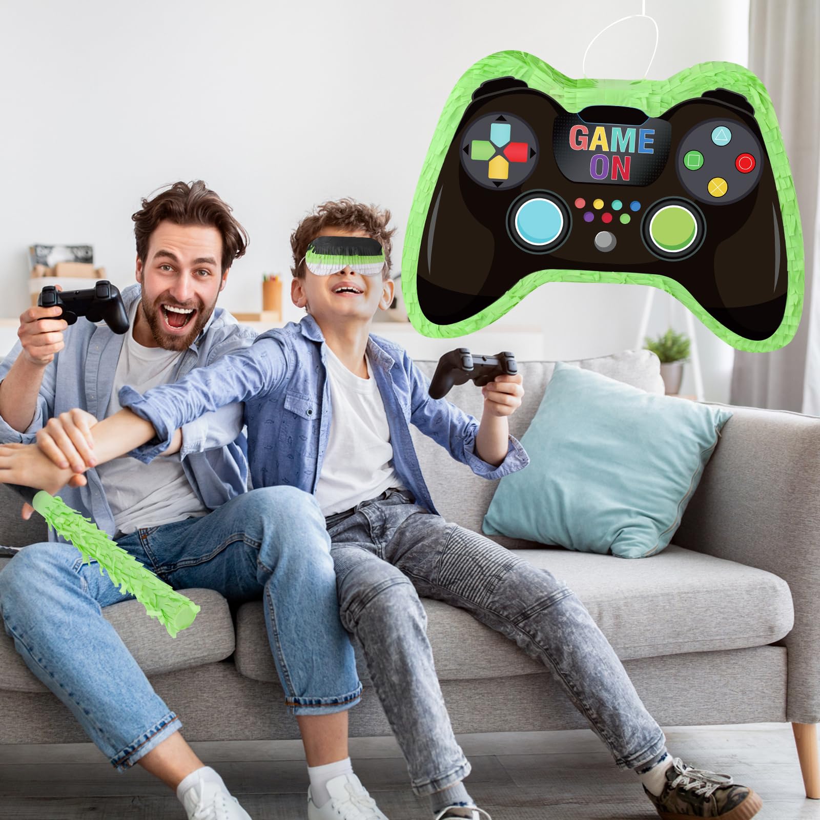 Video Game Controller Pinata with Blindfold and Stick Large Pinata Game Party Supplies for Kids Boy Gaming Theme Birthday Party Supplies Carnival Activity Decorations