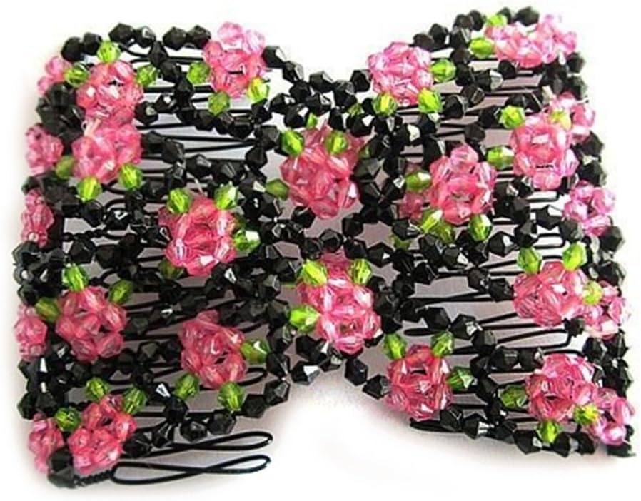 Women's Chic Stretch Rose Flower Bow Beaded Hair Comb Cuff Double Insert Clips (Pink)