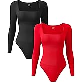 OQQ Women's 2 Piece Bodysuits Sexy Ribbed One Piece Square Neck Long Sleeve Tops