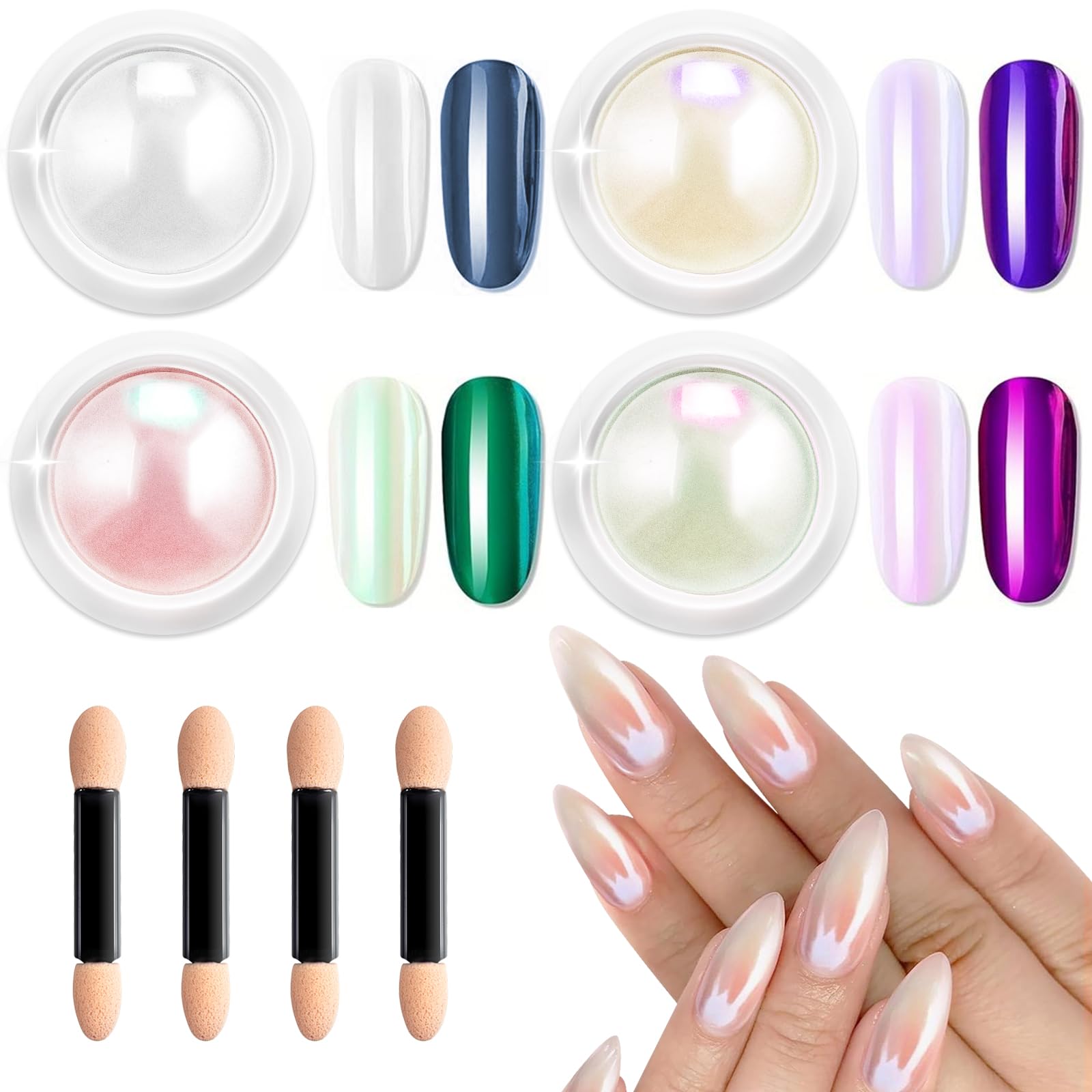 Pearl Chrome Nail Powder LEDSUUEI: HIGH GLOSS White Holo Glazed Donut Chrome Powder Set Clear Aurora Mermaid Nail Glitter Powder, Ice Magic Mirror Effect Pigment for Nail Art DIY Design Decorattion