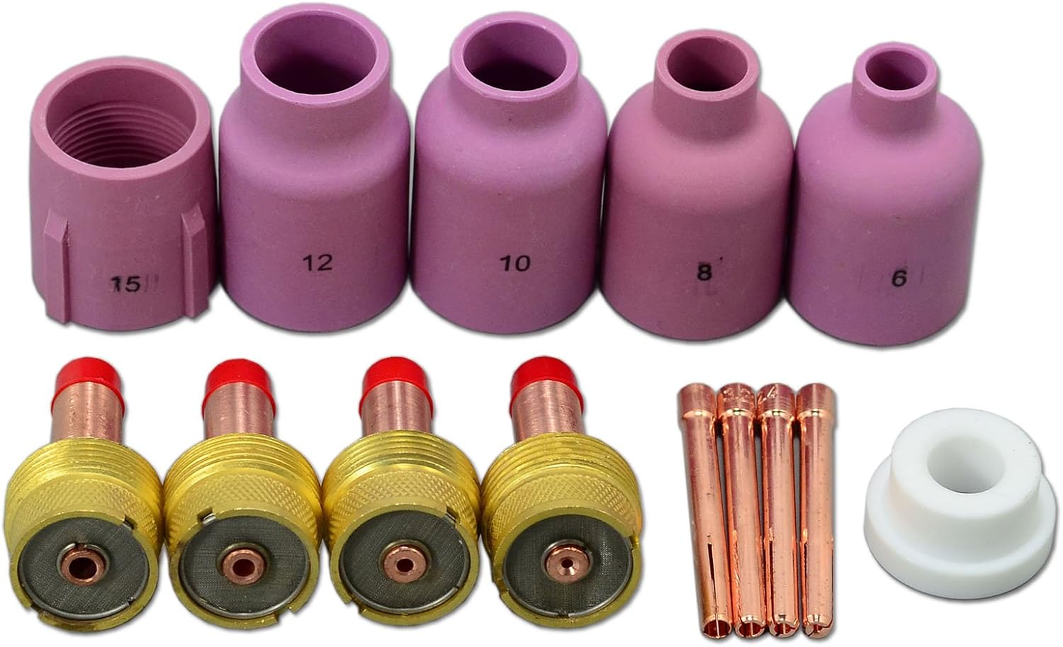 TIG Large Diameter Gas Lens Collet Kit 45V116 (1/16") 45V64 (3/32") 995795 (1/8") Ceramic Cup 57N75 6# 3/8" 57N74 8# 1/2" 53N88#10 5/8" 53N87#12 3/4" For WP 17 18 26 TIG Welding Torch 14pcs - - 