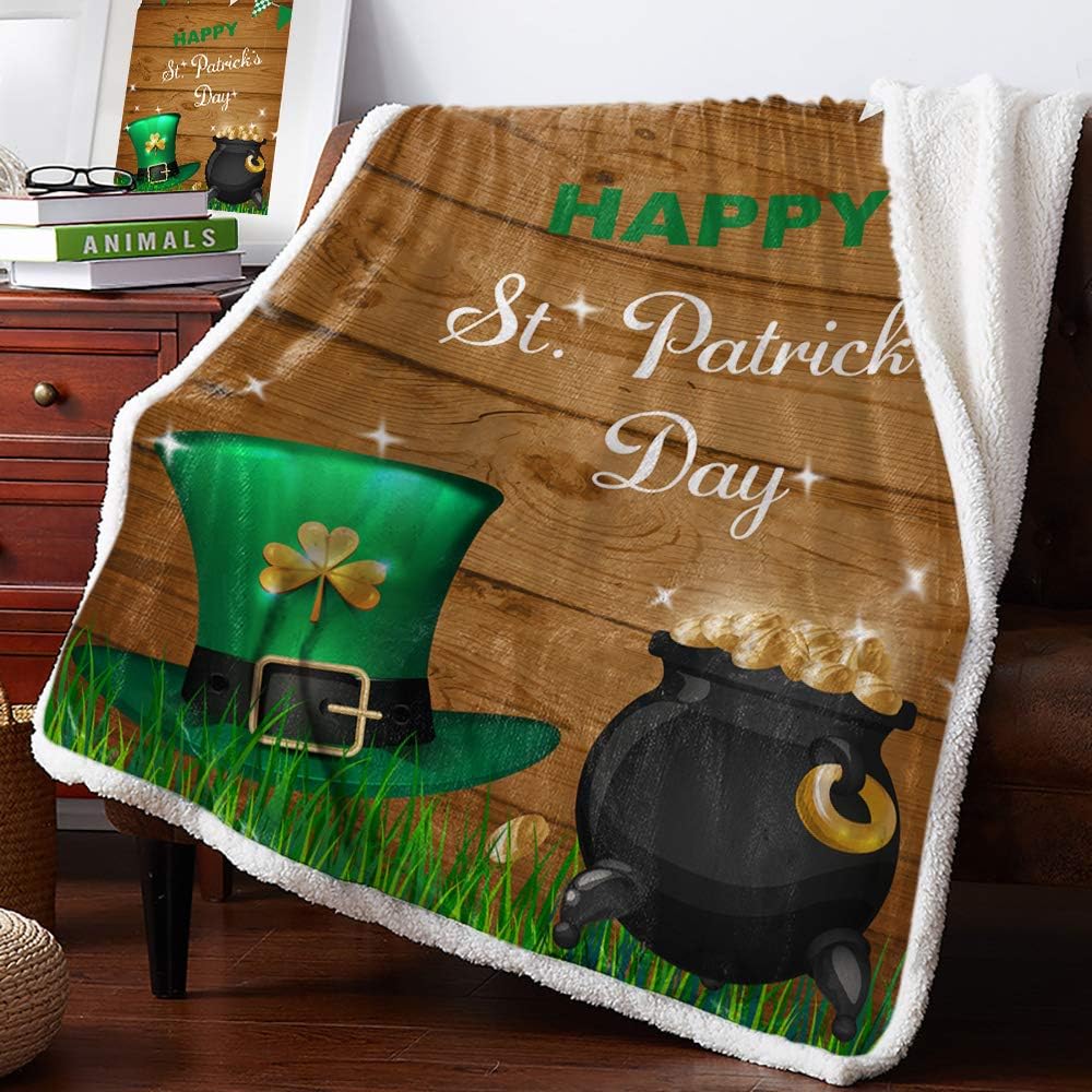 Sherpa Fleece Throw Blanket Irish Leprechaun Hat Gold Coins