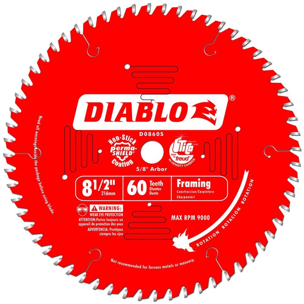 Diablo Hoja de sierra para corte de madera con acabado de alto rendimiento - 8-1/2 de diámetro, 60 dientes ATB, eje de 5/8, corte de 0,087, ángulo de gancho de 7, 9000 RPM máx., carburo Tico - D0860S