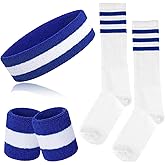 ONUPGO 5 Pieces Sweatbands Striped Socks Set Sports Headband Wristbands High Tube Socks 80s Accessories Costumes