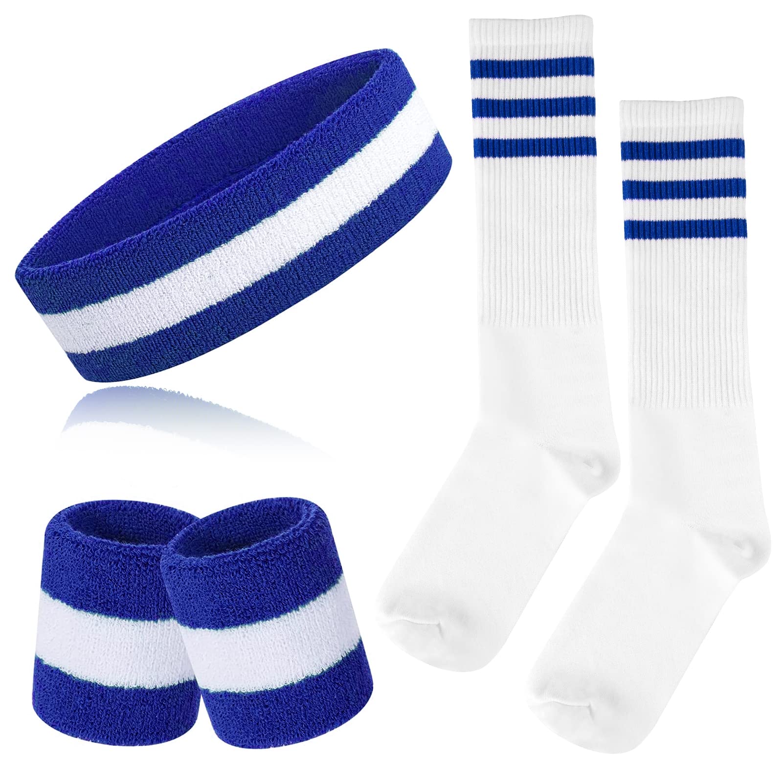 ONUPGO 5 Pieces Striped Sweatbands and Socks Set Sports Striped Headband Wristbands Sweatbands Striped High Sock for Men Women Sports and 80s Party (Blue/White/Blue) — image 1
