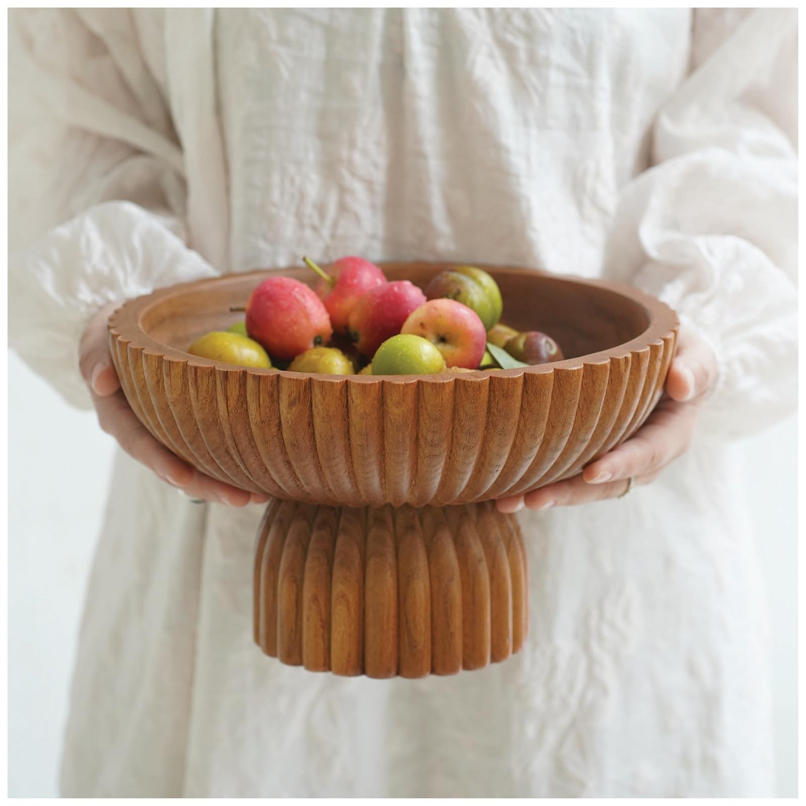 Photo 1 of ChagoArt Wooden Fruit Bowl for Kitchen Counter- Large Decorative Bowl for Home Decor Entry Table-Ruffle Fluted Bowl-Scallopedl-Organic Modern Home Decor-Pedestal Footed (Wood Brown)