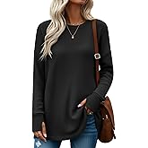 Velvelhall Women's Oversized Waffle Knit Tunic Tops, Long Sleeve Crew Neck Drop Shoulders Shirts with Thumb Hole Loose Blouse