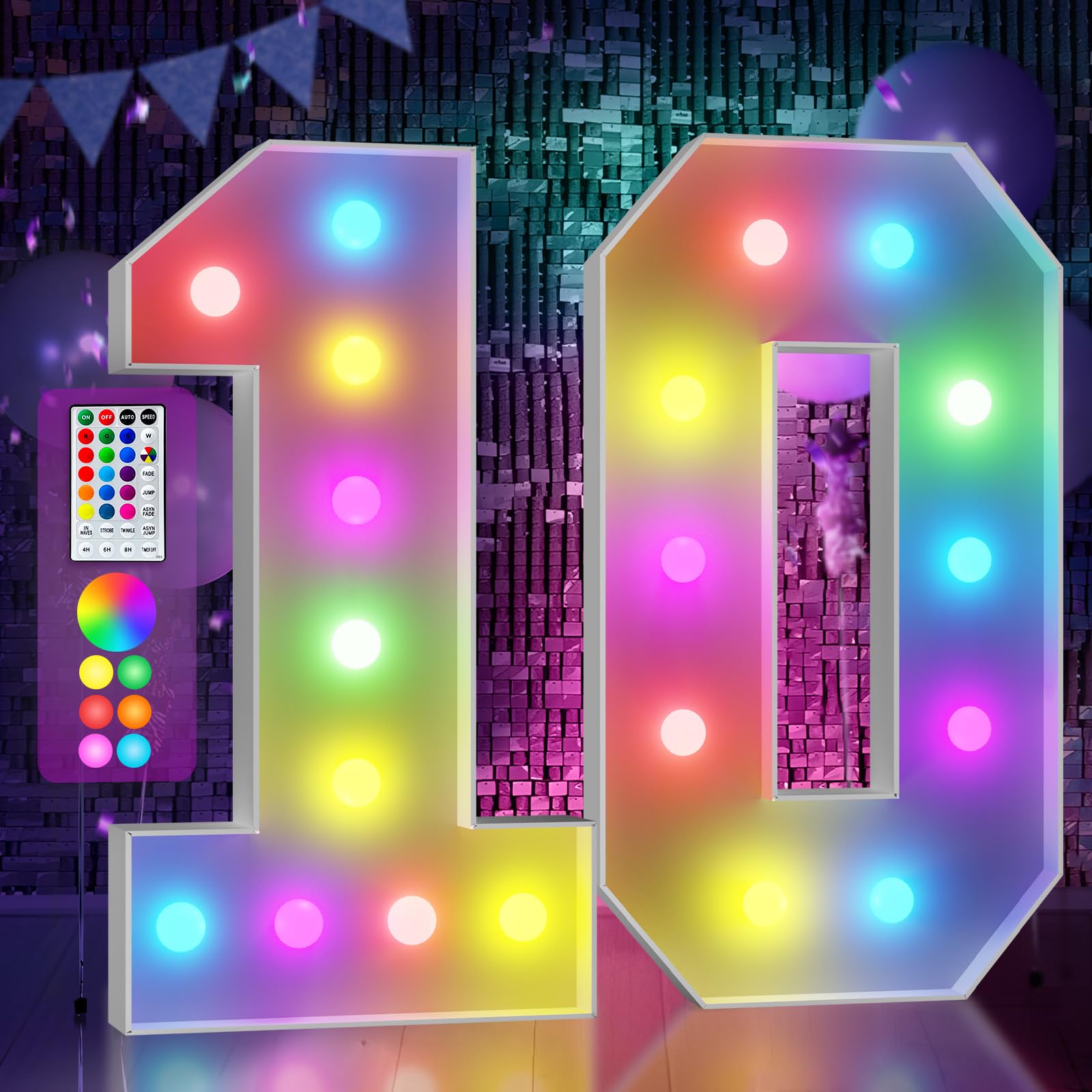 Photo 1 of Marquee Numbers Colorful 10th-Birthday Decoration: 4FT Large Light Up 10 Year Old Birthday Decorations Anniversary Backdrop for Boys Girls Cardboard White Sign 18 Colors Number 10 Mosaic Balloon Frame