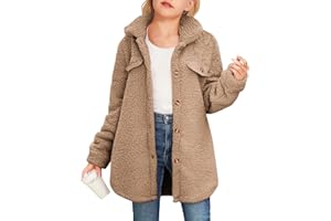 Haloumoning Girls Fuzzy Fleece Jacket Casual Button Down Sherpa Overcoat Faux Fur Jackets Outwear 4-15 Years