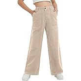 EXARUS Girls Baggy Jeans Cargo Wide Leg Pants Denim Teen with Pockets Back Elastic Waist Mid Rise Casual 8-14Y