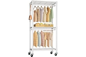 FUTASSI P3 Mini Rolling Clothes Rack, Clothing Racks for Hanging Clothes, Heavy Duty Garment Rack with Wheels, Freestanding Portable Closet Rack 23.6'' W x 14'' D x 74.5'' H, Max Load 430 Lbs, White