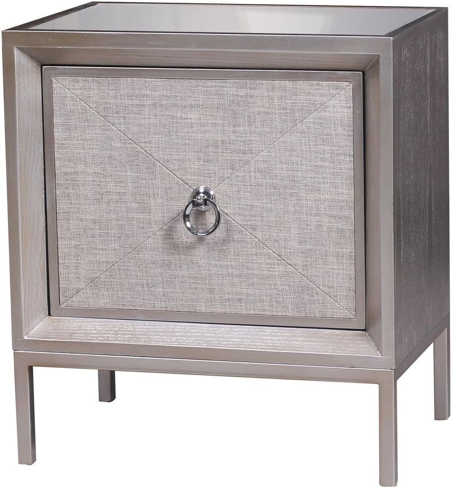 Statements by J Cassidy Nightstand w/Cabinet and Mirrored Top, 22.5 Inch Tall, Metallic Gray