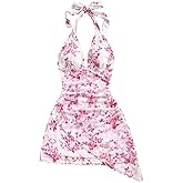 SOLY HUX Women's Sexy Tie Dye Print Halter V Neck Mini Dress Retro Backless Fitted Bodycon Dresses