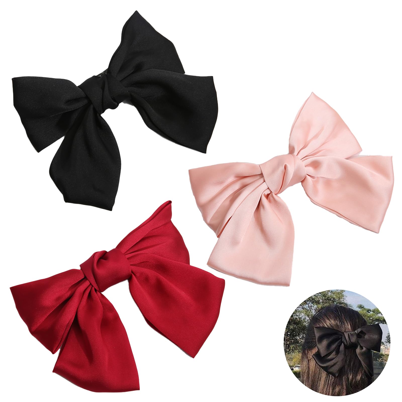 Leogony 3 Pcs Hair Bow Clips for Women, Soft Satin Silky Bows for Hair (Black Pink Red)