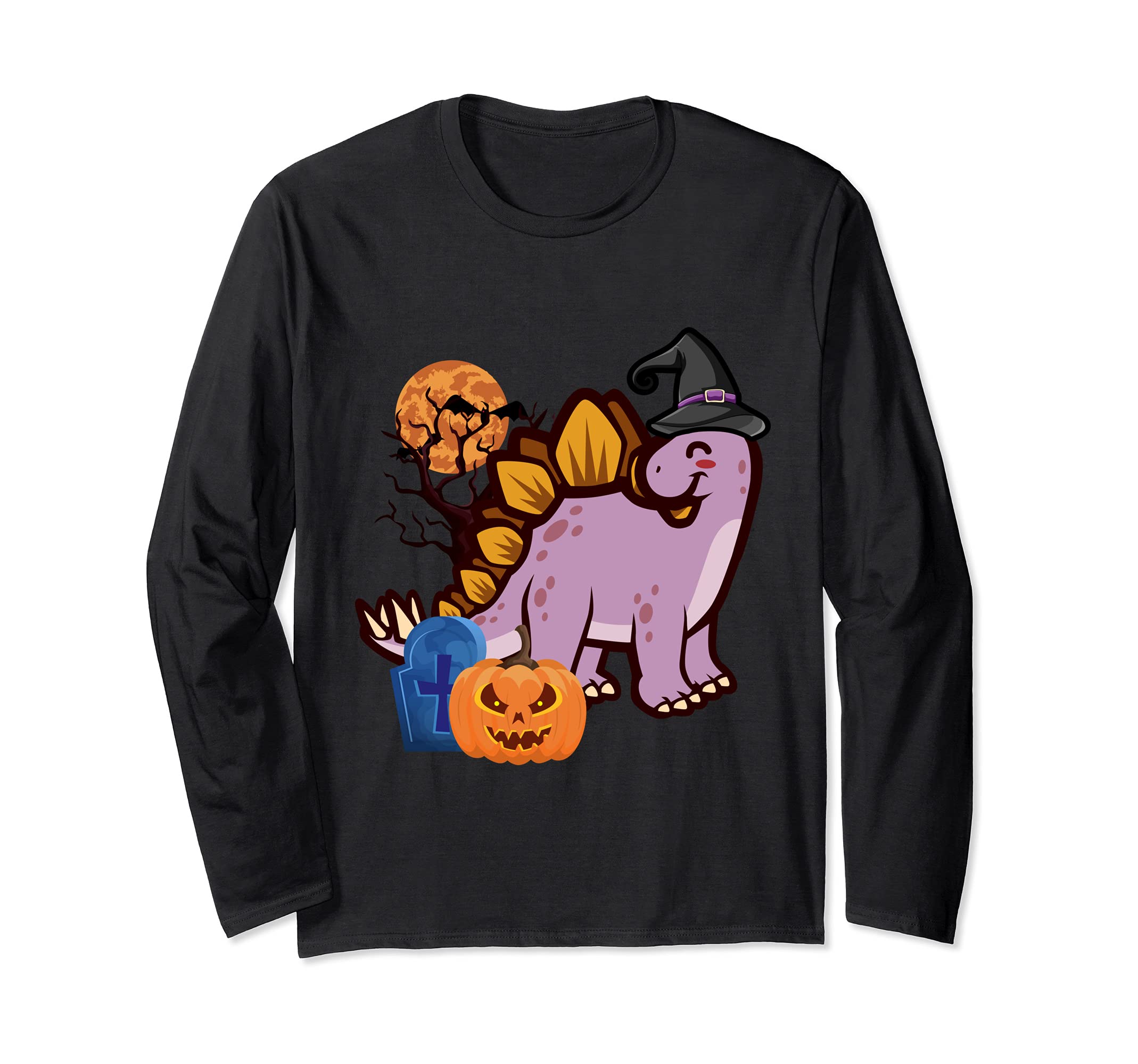 Stegosaurus Dinosaur Witch Wizard Pumpkins Halloween Costume Long Sleeve T-Shirt