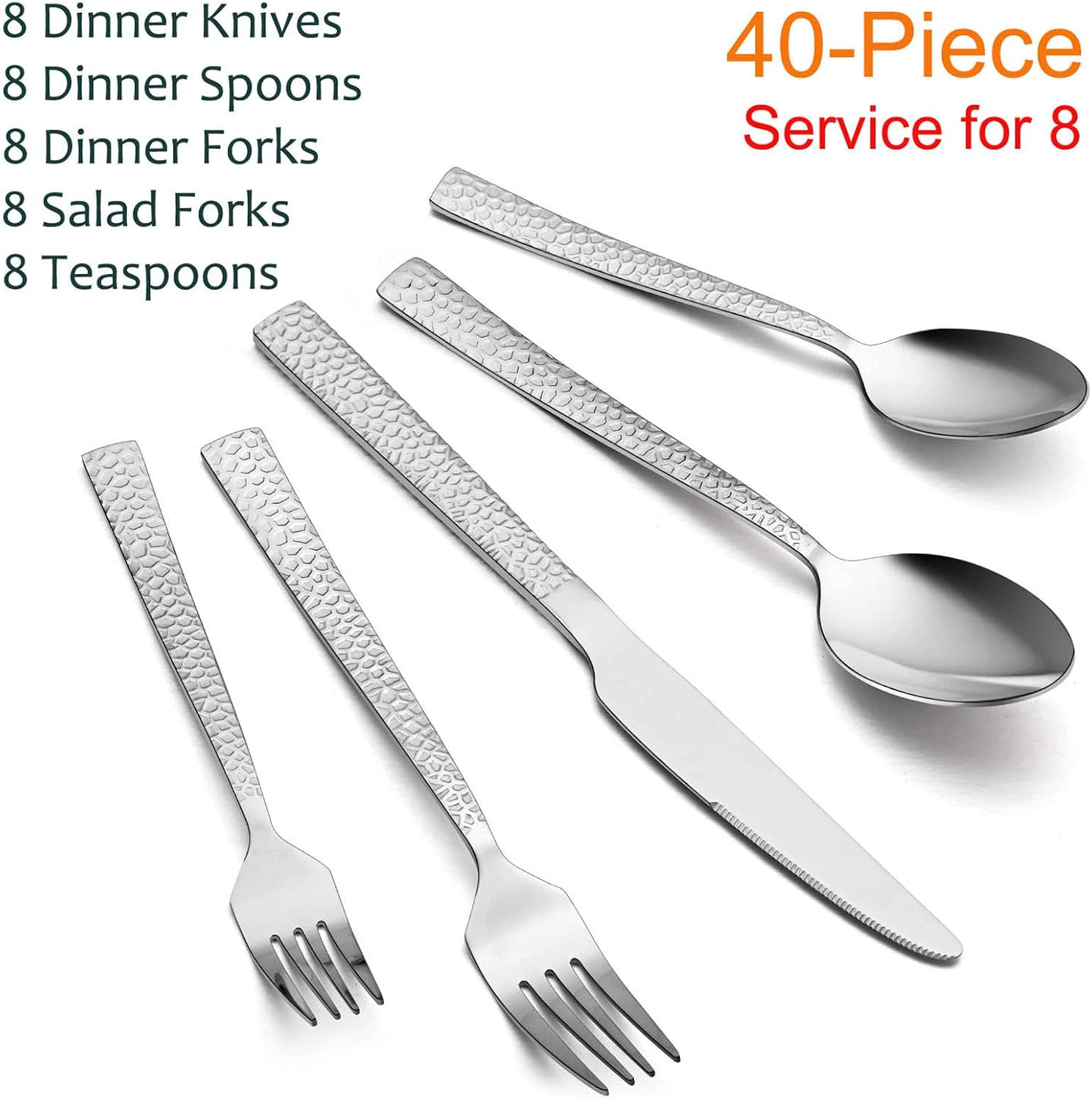  | Hammered Silverware Set, E-far 40-Piece Stainless Steel Square Flatware Set for 8, Metal Tableware Cutlery Set Includes Dinner Knives/Forks/Spoons, Modern Design & Mirror Polished - Dishwasher Safe: Flatware Sets