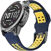 OVERSTEP Compatible with Garmin Fenix 7 Band, 22mm Easy-fit Sport Silicone Strap for Fenix 5/Fenix 5 Plus/Fenix 6/Fenix 6 Pro Smartwatch, Drak Blue Yellow