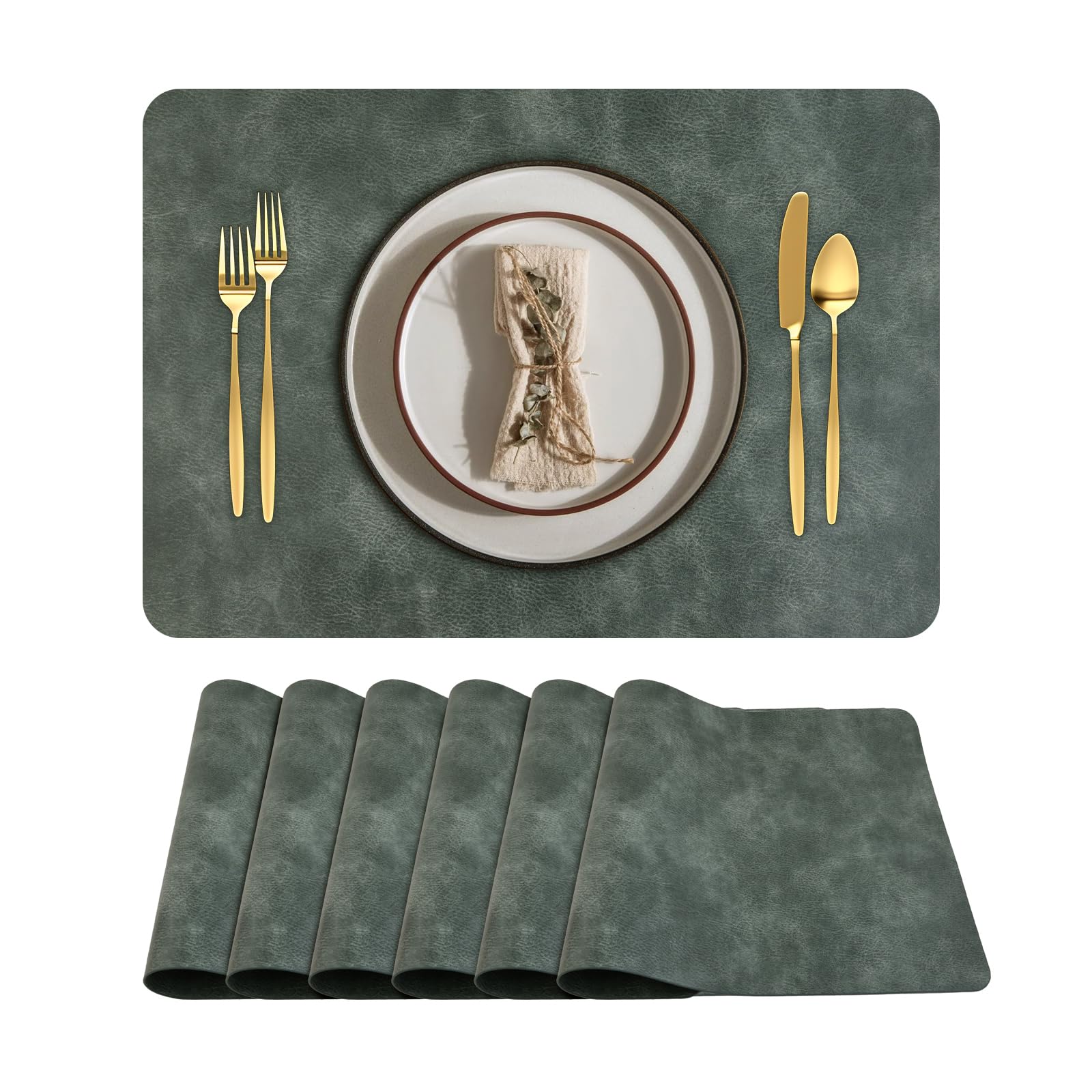 Placemats Set of 6, PU Leather Table Mats Heat Resistant Washable Non-Slip Place Mats, Indoor/Outdoor Waterproof Wipeable Placemats for Kitchen Table (Blue-green)