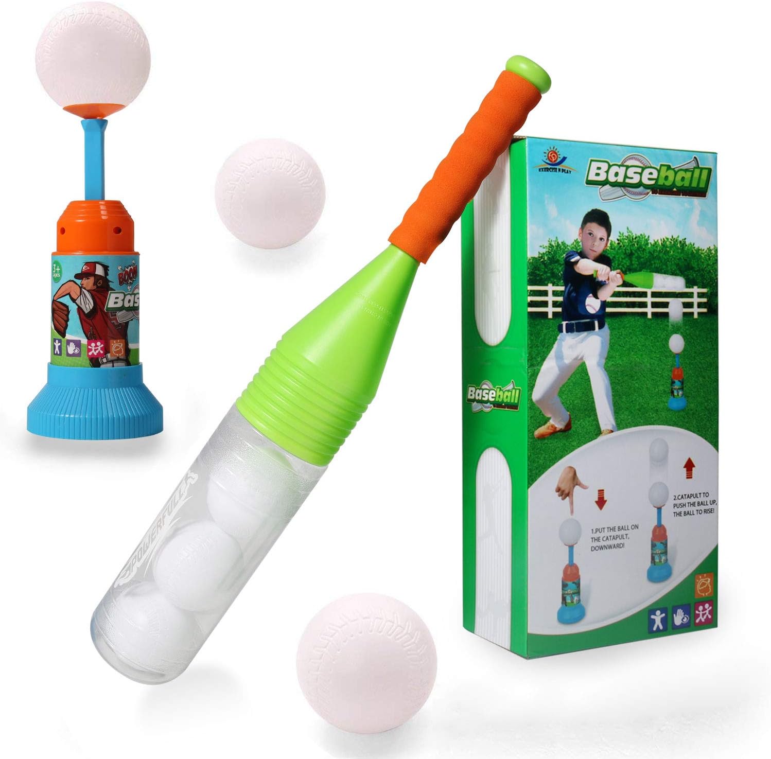 EXERCISE N PLAY Training Automatic Launcher Baseball Bat Toys - Indoor Outdoor Sports Baseball Games T-Ball Set for Children: Toys & Games