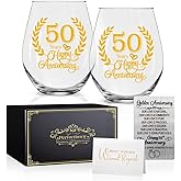 Perfectinsoy 50 Years Happy Anniversary Wine Glasses Set of 2 with Metallic Memorial Card, 50th Anniversary Birthday Gifts for Parents, Wife, Soulmate, Couple, Funny 50 Years Milestone Gift