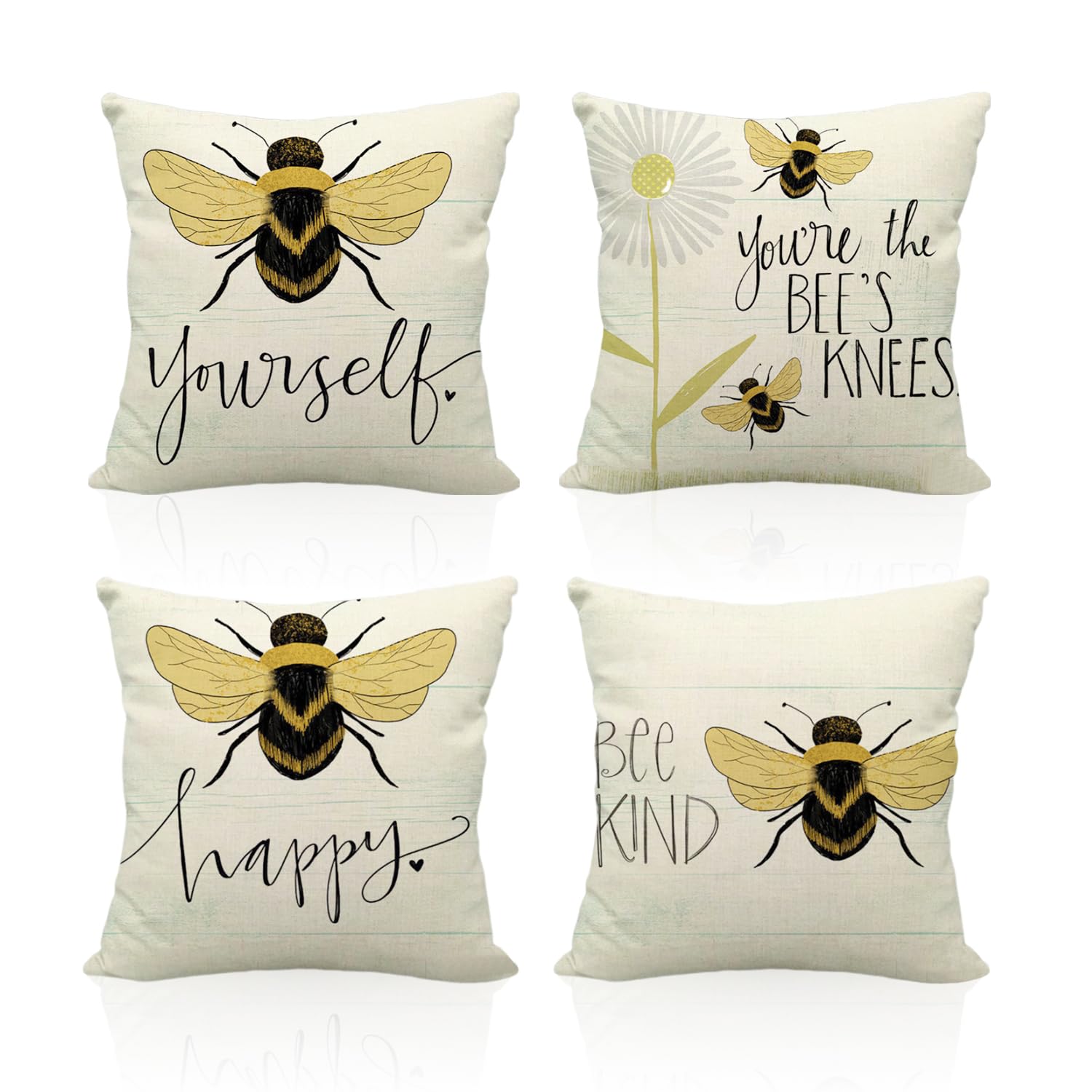 USHXVG 4 Pieces Cushion Cover, Bee Pillow Cover, Linen Pillow Cover, Cartoon Animal Cushion Cover, Pillow Accessories, Living Room Sofa Bed Decoration