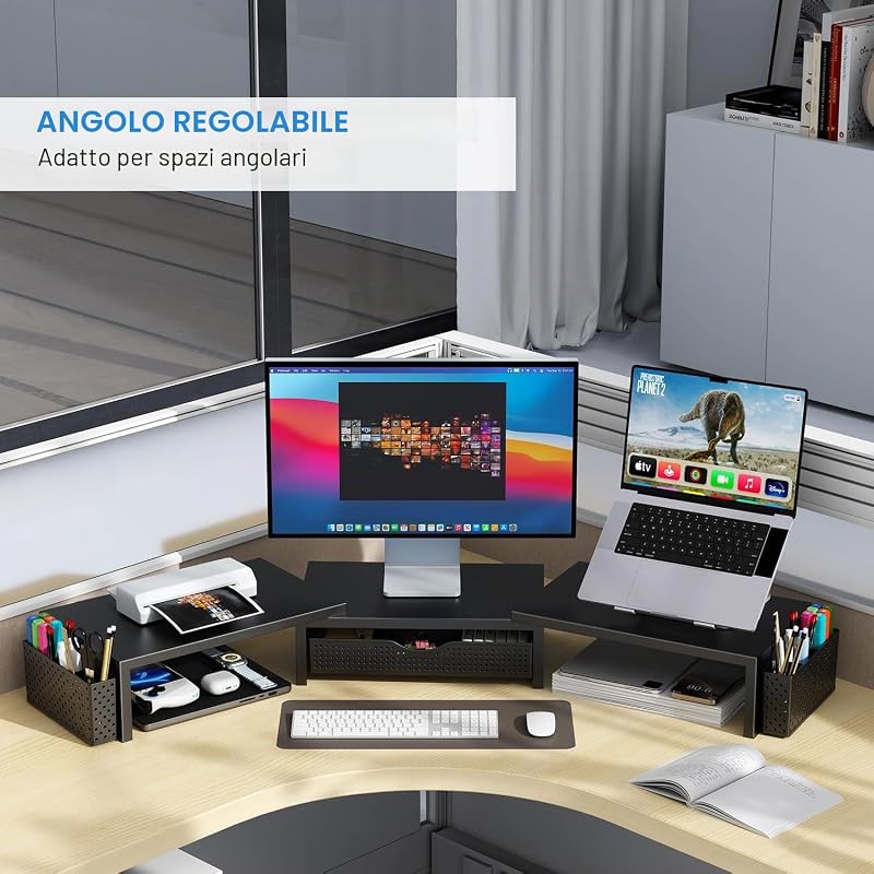 Supporto per doppio monitor, accessori da scrivania in metallo con cassetto e 2 portapenne, lunghezza e angolazione regolabili, supporto per monitor del computer per schermo, computer