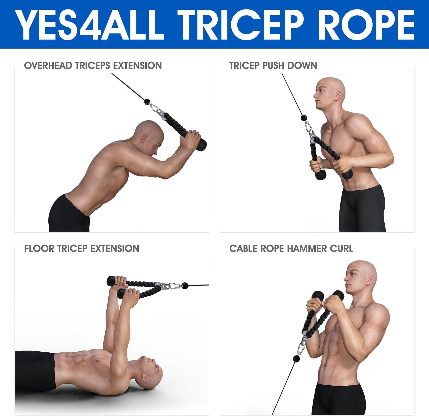 Yes4All Tricep Rope - Exercise Machine Attachment Press Down - 27" Rope Length : Sports & Outdoors
