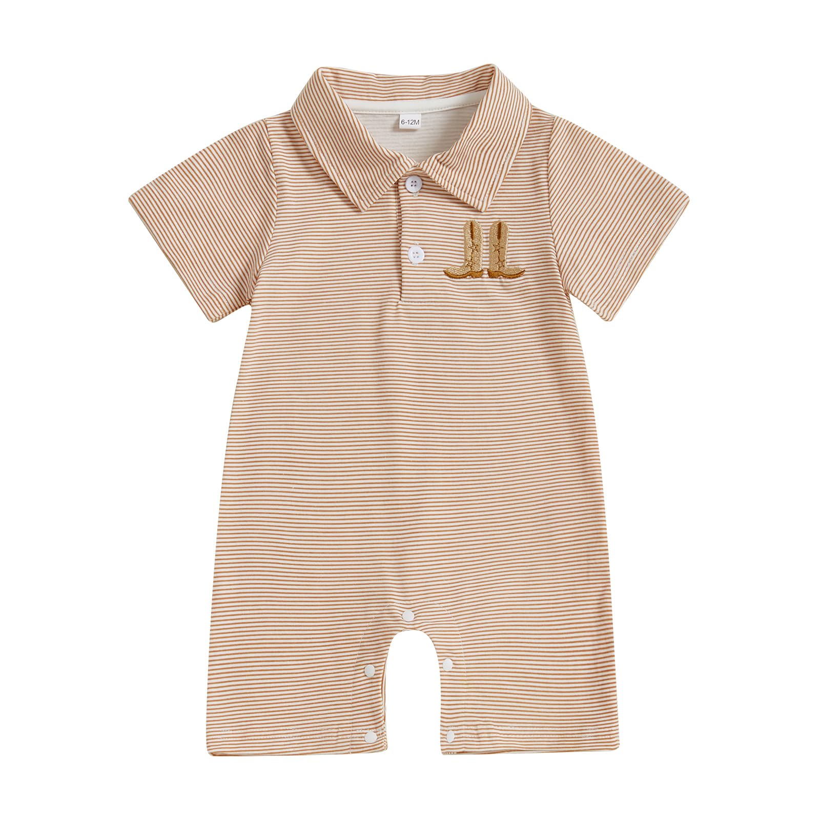Photo 1 of Gueuusu Country Baby Boy Outfit Newborn Western Romper Cowboy Boots Embroidery Striped Collared Bodysuit Infant Summer Clothes (Coffee, 3-6 Months)