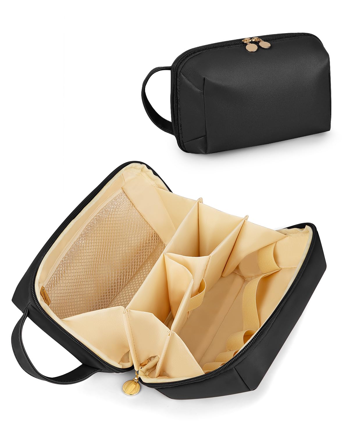 Photo 1 of Soimeat Travel Makeup Bag for Women, Soft PU Leather Cosmetic Bags, Waterproof Toiletry Bag, Portable Wide Open Pouch, Travel Cosmetic Organizer Bag with Divider and Handle, Medium, Black