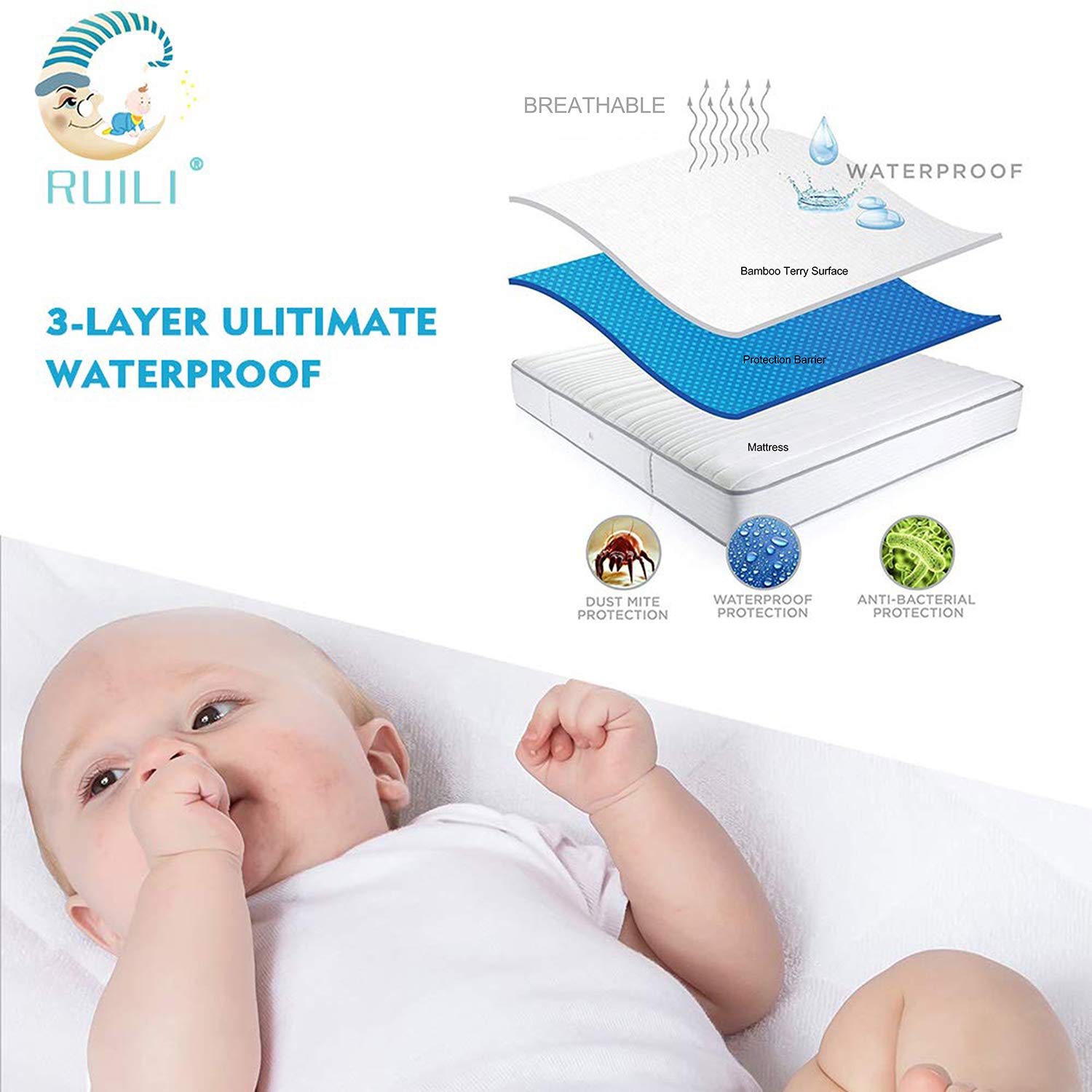 2 Pack Quilted Fitted Waterproof Crib Mattress Protector, Soft Breathable Organic Bamboo Baby Waterproof Mattress Pad, Natural Vinyl Free Mattress Cover for Stains Proof : Baby