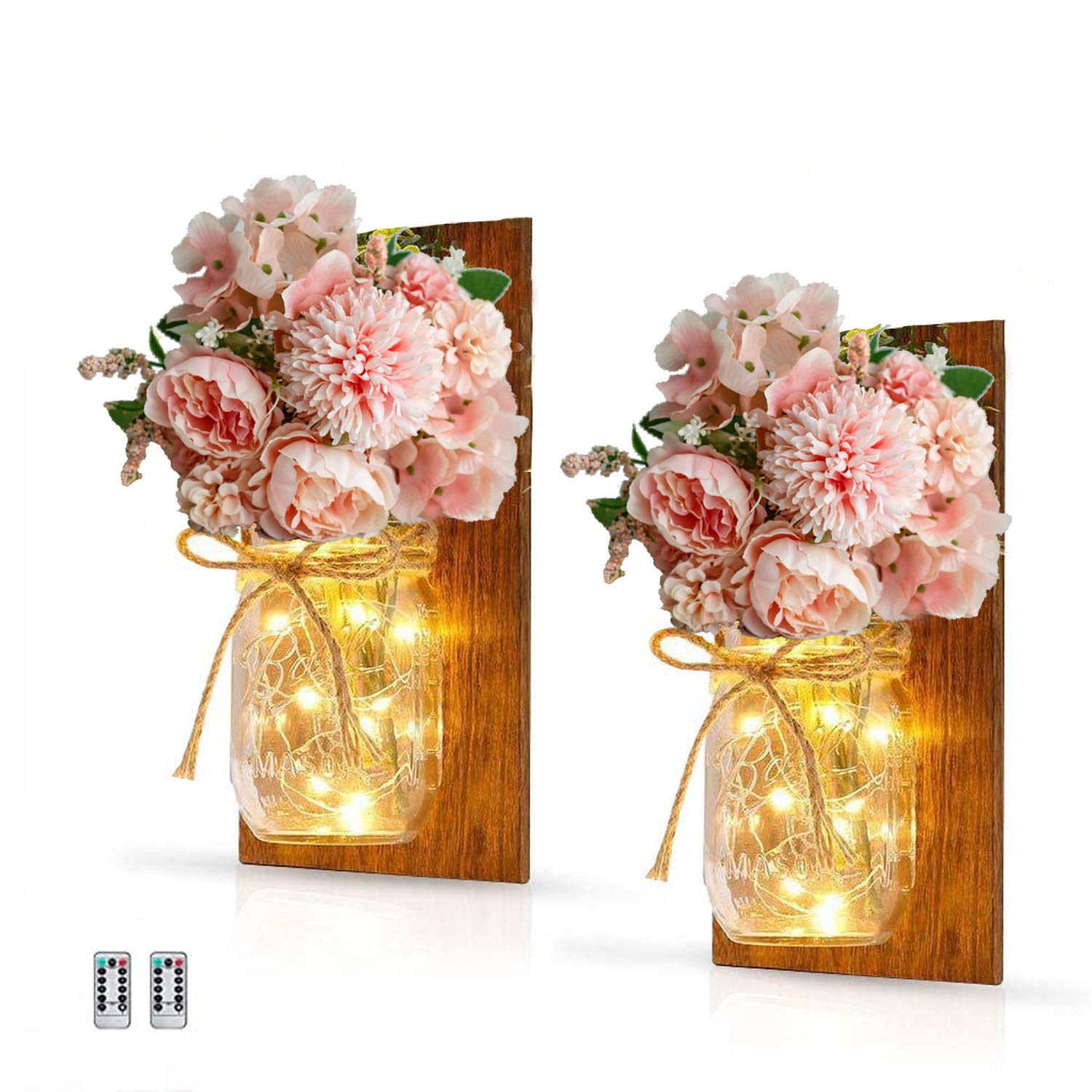 lifemet Vintage Mason Jar Fairy Wall Light Led String Lighting 1 Set of 2 Packs with Artificial Flowers with Battery Remote Control Rustic Indoor Inside Bottle Lights Corridor Decor Living Room，Pink