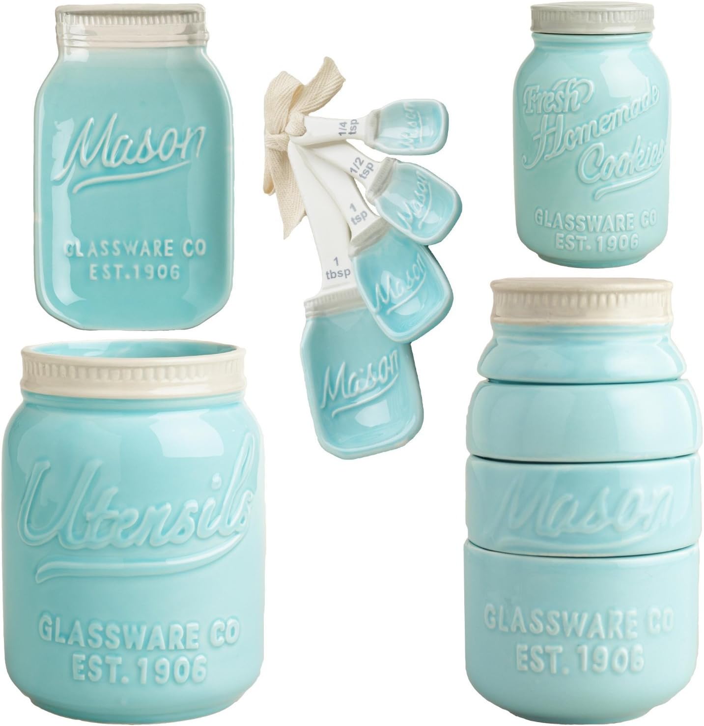 Mason Jar Ceramic Kitchenware Complete Set: Measuring Cups and Spoons, Cookie Jar, Utensil Crock, Spoon Rest by World Market