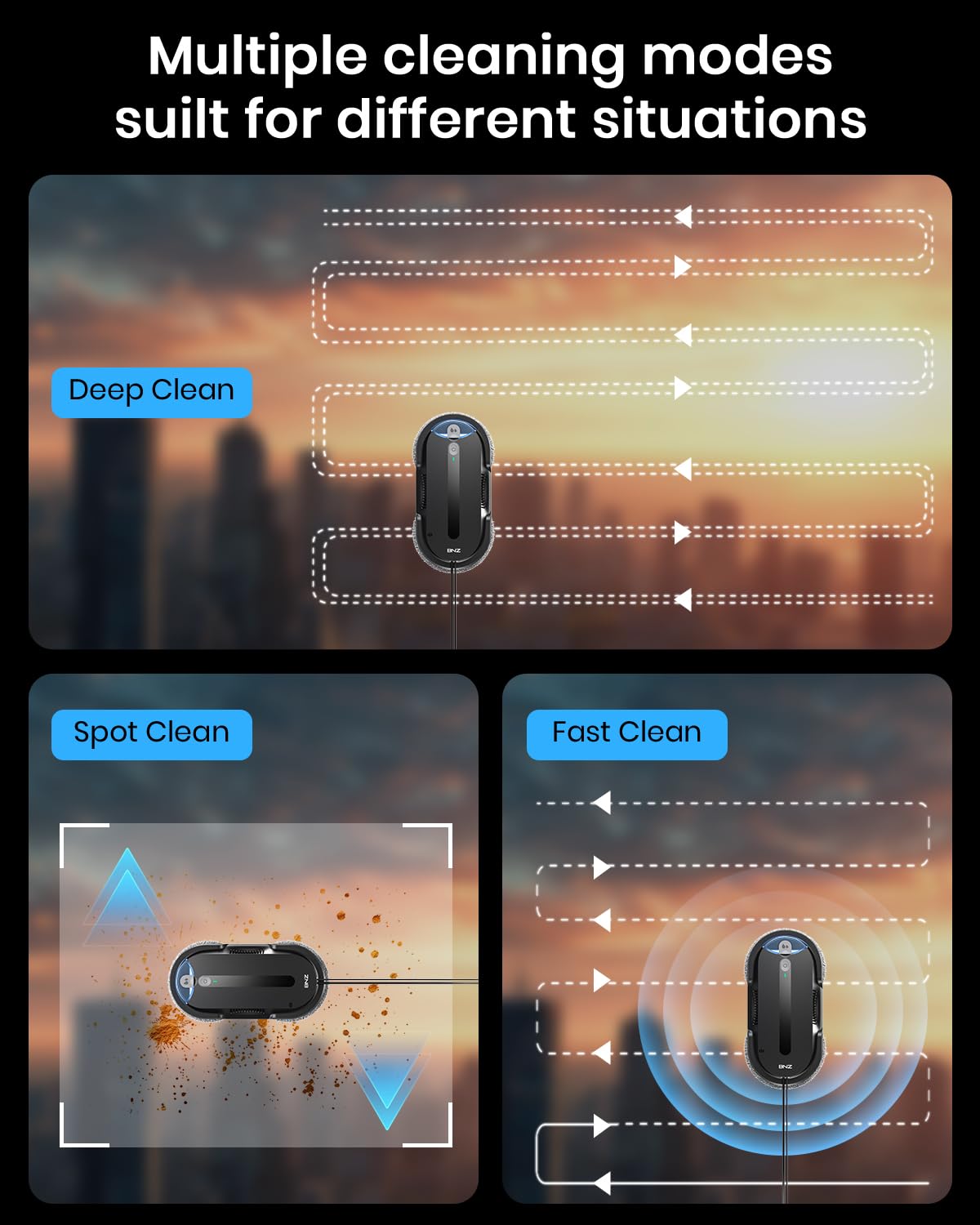 BNZ Robot Limpiador de Ventanas Inteligente, Twin Turbo y Limpiador de Ventanas con Pulverización Automática Doble con Sistema de Seguridad Múltiple, Planificación de Ruta AI, Detección de Bordes Sin Marco, K1, Negro Mate