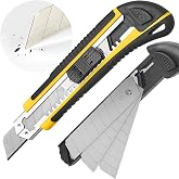DOWELL Utility Knife, Box Cutter Retractable,3 Pcs Blades Inside, 1-Pack | Retractable utility knife, 18mm SK5 snap-off blade, auto-change mechanism, TPR handle, stores 3 blades, cuts cardboard, tape