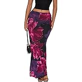 ZREQV Women's Maxi Skirt Mesh Floral Print Casual High Waisted Elastic Bodycon Fishtail Hem Vacation Long Skirts