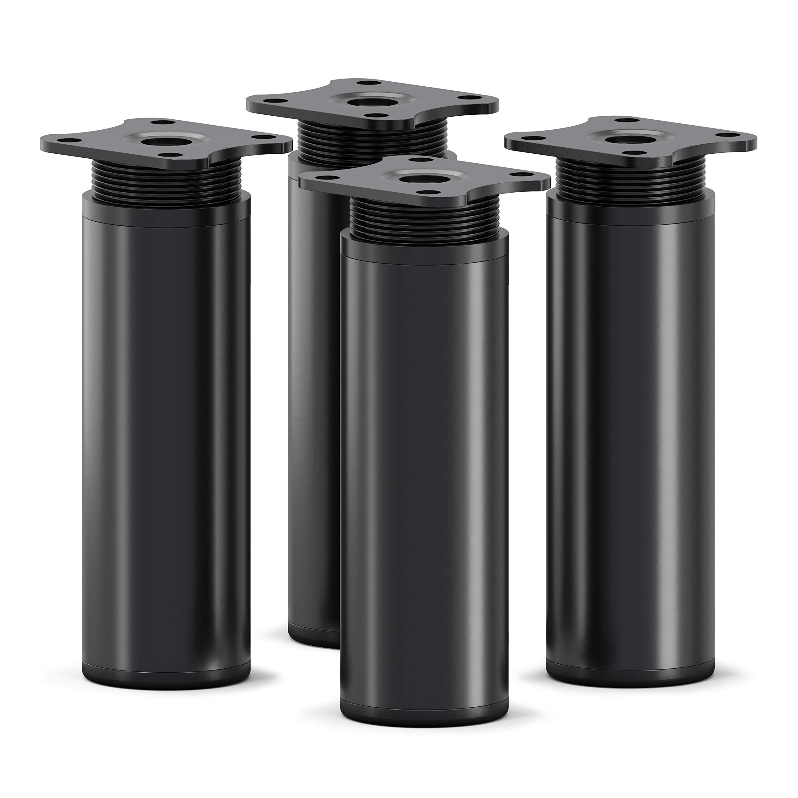 sossai® MFR1 design furniture feet, height adjustable, set of 4, round profile, diameter 40 mm, colour: black matt, height: 120 mm (+20 mm), material: aluminium, wood screws included — image 1