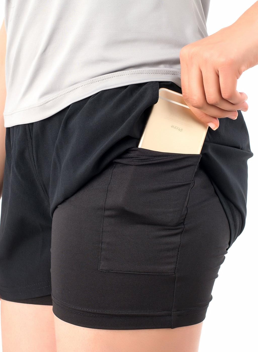 truerevo women&rsquo;s double layered running shorts with phone pocket
