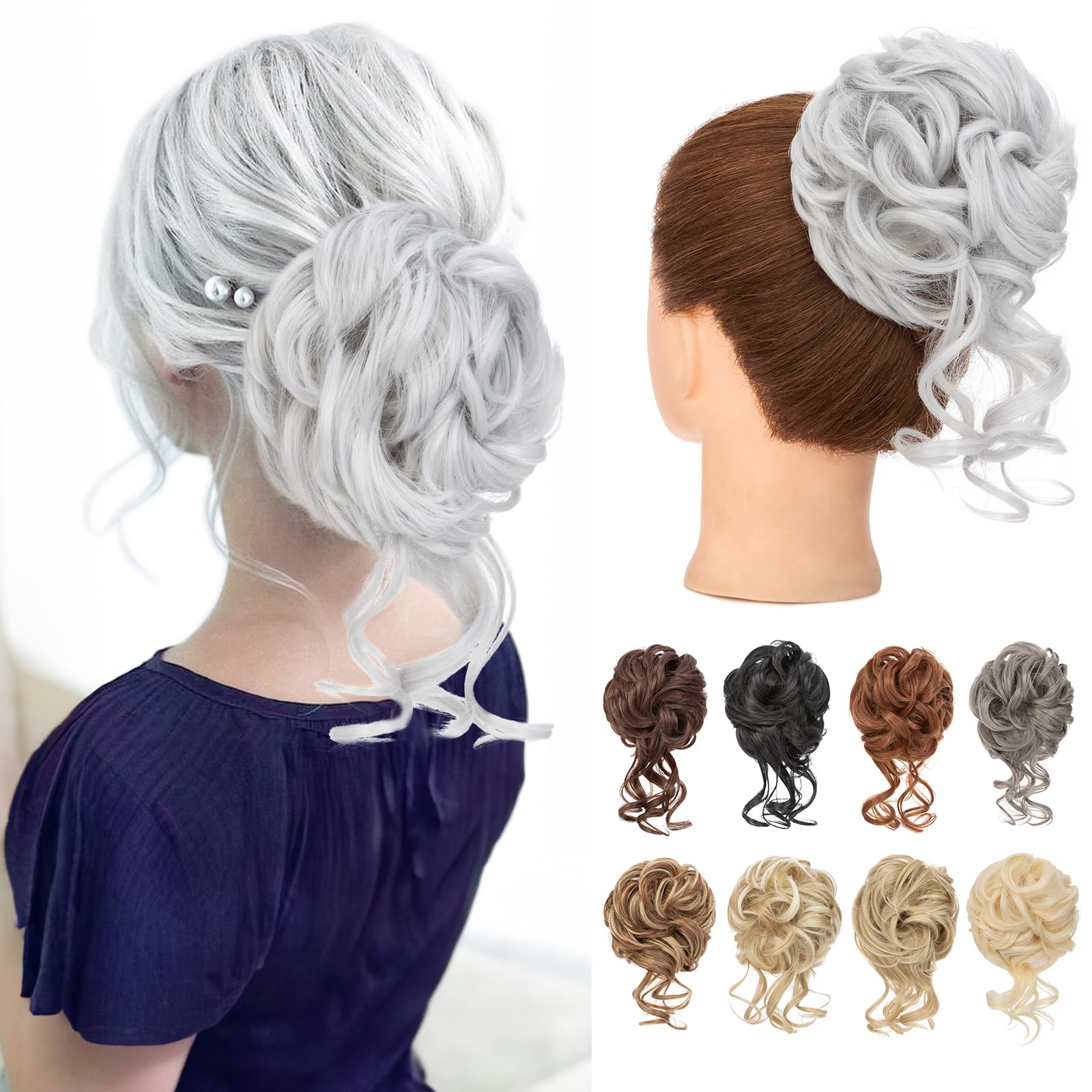 Benehair Messy Bun Hair Piece Wavy Curly Claw Clip Hair Bun Extensions Synthetic Hair Bun Donut Accessories Scrunchies Gray Hair Pieces for Women(Gray, 75g)