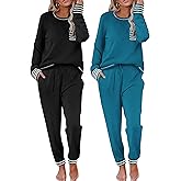 Ekouaer 2 Pack Womens Pajama Sets Long Sleeve Lounge Sets Soft Pj Sleepwear Loungewear