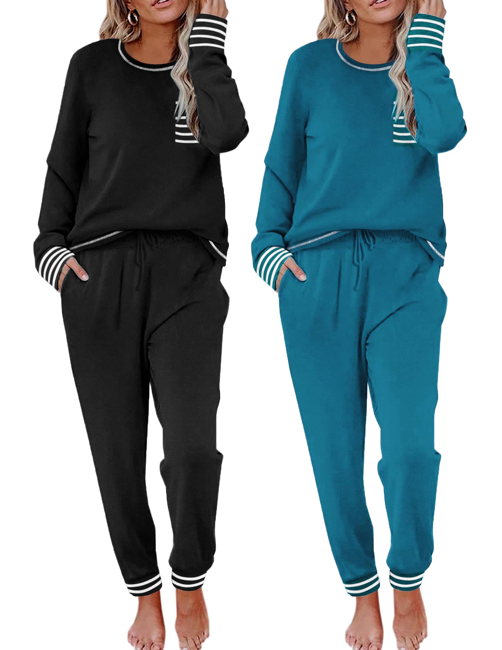 Photo 1 of * missing the black piece *Ekouaer 2 Pack Womens Pajama Sets Long Sleeve Lounge Sets Soft Pj Sleepwear Loungewear  Blue Medium