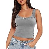 NODHUT Women's Tank Tops Cute Slim Fitted Ribbed Knit Bow Lace Camisole Top Sexy Summer Square Neck Sleeveless Going Out Tops