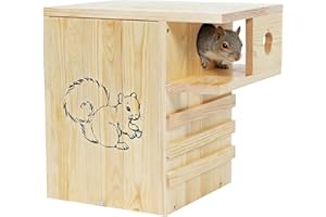 Natural Wood Squirrel House for Outdoor, Premium Squirrel Nesting Box with Balcony & Climbing Rungs, Weatherproof Squirrel Ha