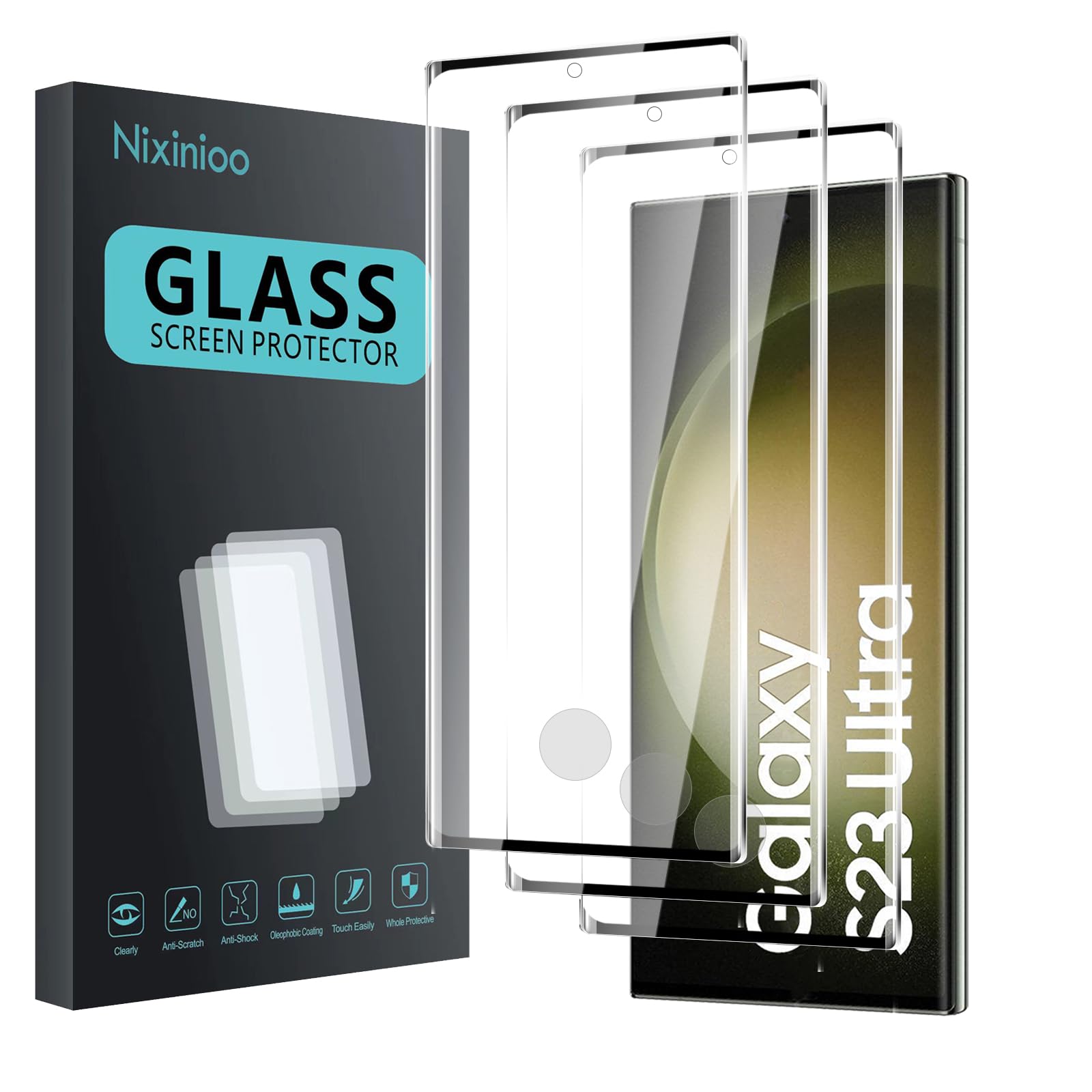 Photo 1 of Nixinioo 3 Pack Tempered Glass Screen Protector for Samsung Galaxy S23 Ultra, Anti-Fingerprint, 9H Hardness, Scratch Resistant, 3D Curved Tempered Glass Film, HD Clear