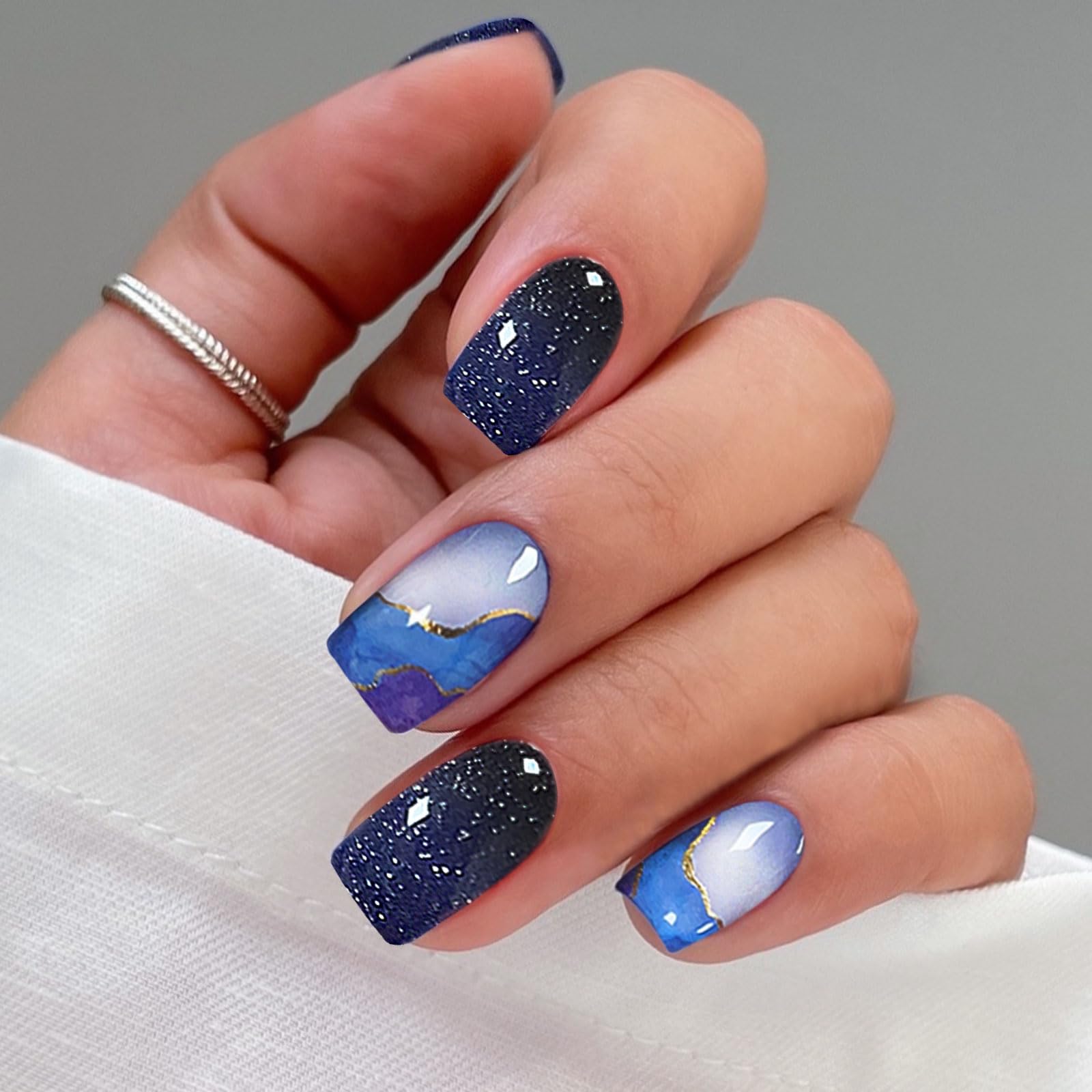 JMEOWIO Gel Nail Stickers Purple Glitter Marble Semi Cured Gel Nail Strips Wraps UV/LED Nails Art Design Decoration Accessories