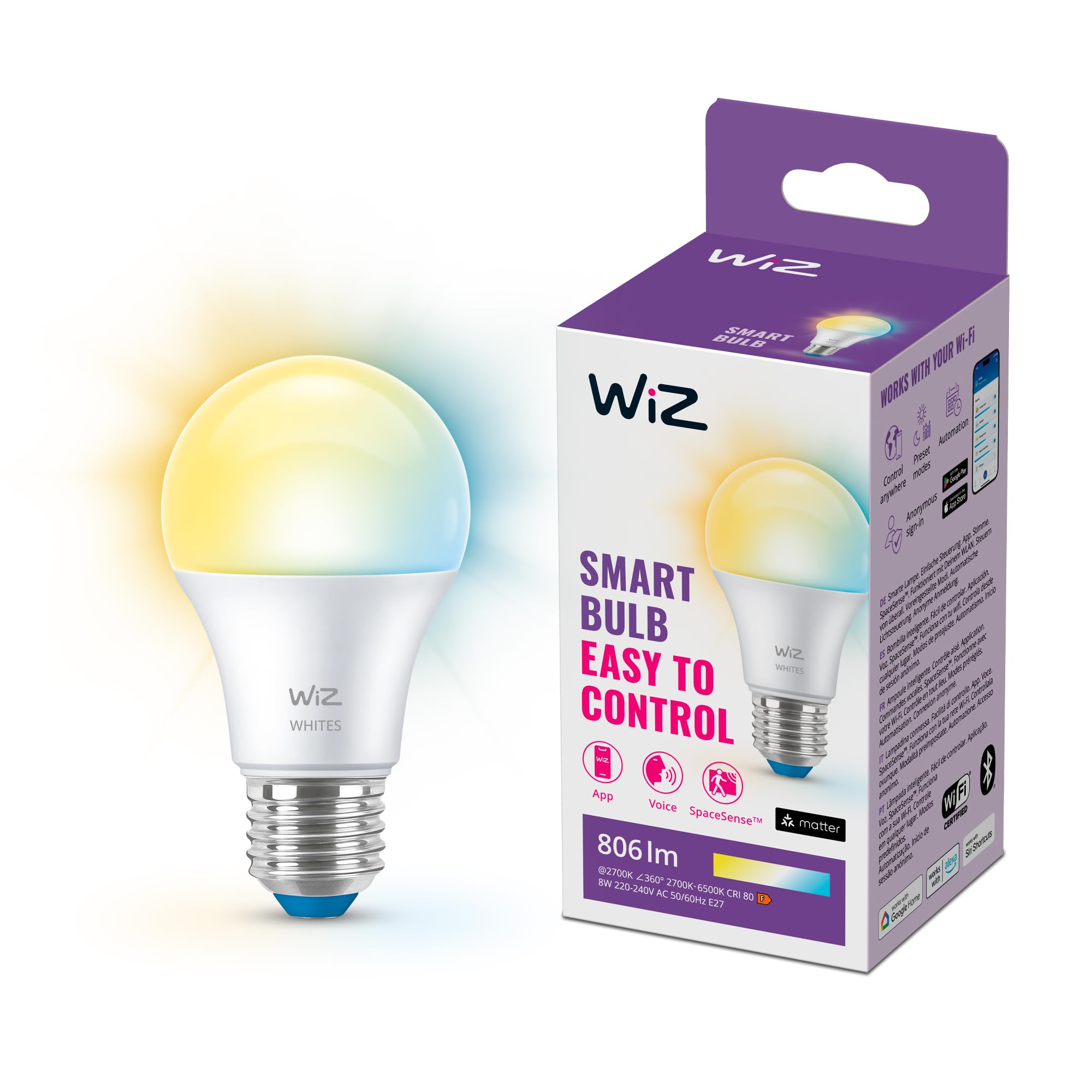 WiZ Smart Bulb, E27, 60W, Shades of White, Smart LED Connected WiFi Works with Alexa, Google Assistant & HomeKit, App Control for Home Indoor Lighting, Livingroom, Bedroom, Energy Monitoring, 1 Pack — image 1