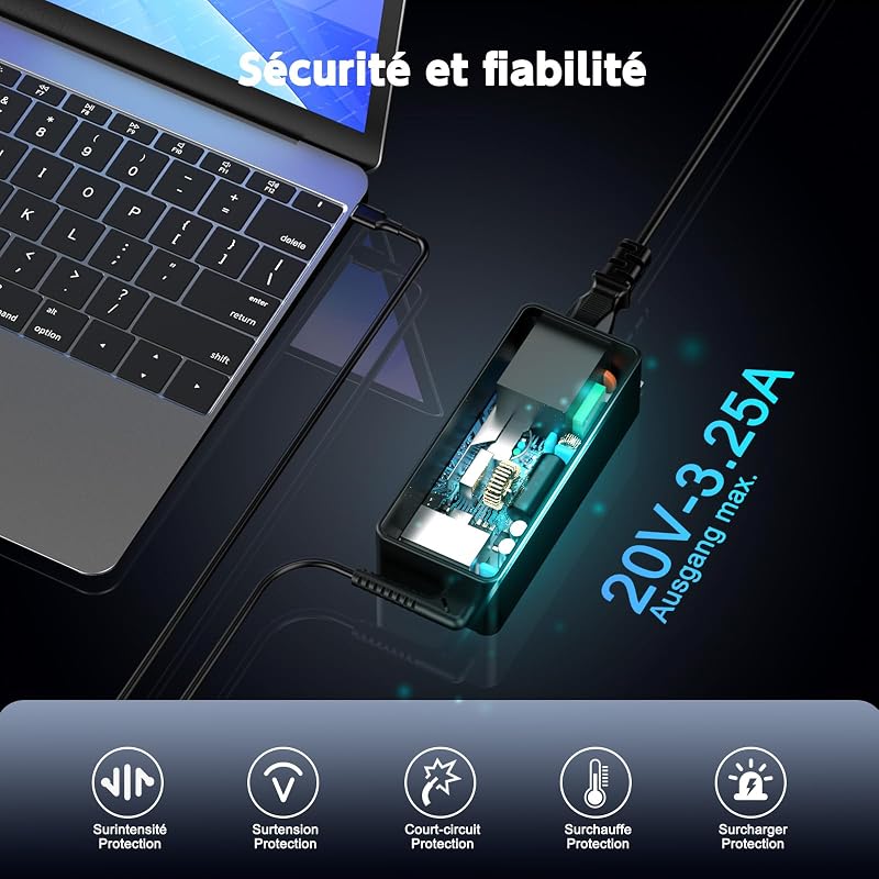 Chargeur USB C 65W pour Lenovo ThinkPad Type C Portable Adaptateur