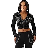 True Religion Shrunken Women's Cropped Zip Up Hoodie - Big T Stitching & Iconic Horseshoe Logo