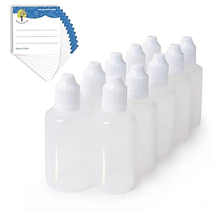 ProfessionalTree 10 x 50 ml Tropfflaschen mit Etiketten - Leere Quetschflasche zur Dosierung und Aufbewahrung von E-Liquid - 